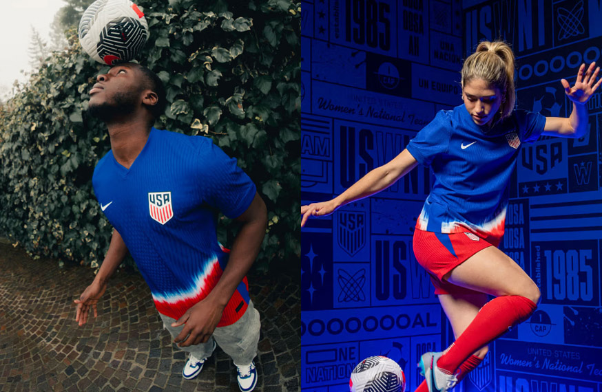 Male and female soccer player each wearing USA away jerseys